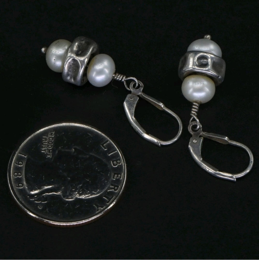 Chic Silver and White Pearl Drop Earrings